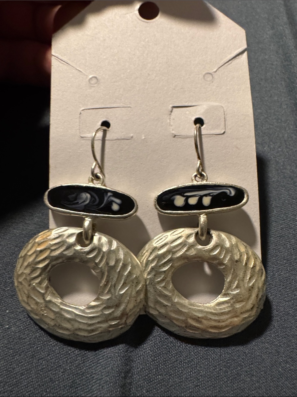 Chico's Silver Textured Hoop Earrings with Black Marbled Accent